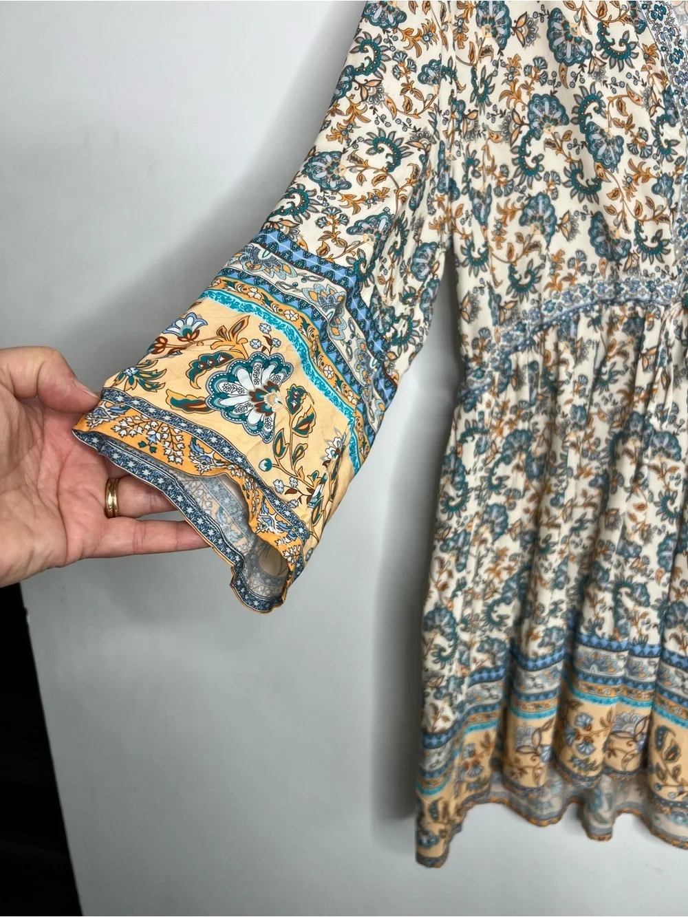 Boho Floral V-Neck Tunic Dress in Teal & Mustard Size Medium - Picture 2 of 7
